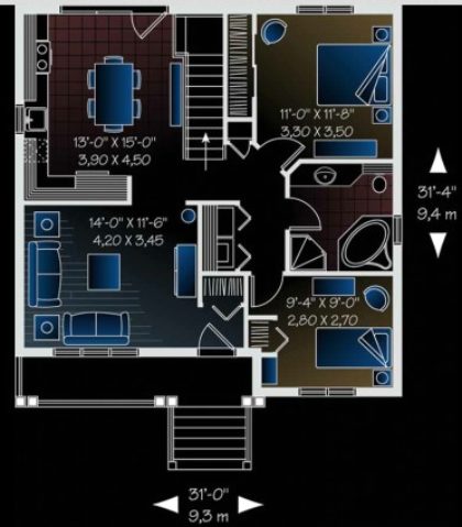 plano de casa de dos dormitorios, plano de vivienda de dos dormitorios, plano de casa dos habitaciones